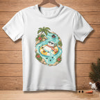 Snowman in a tube floating down a river with palm trees and flowers.