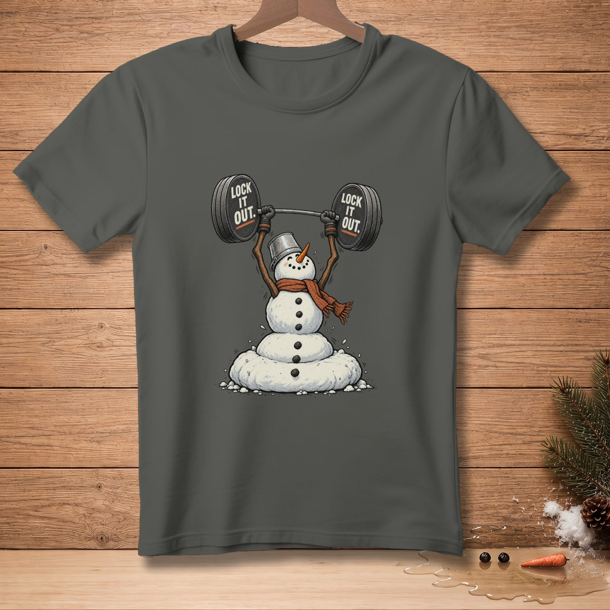 Snowman in hat and scarf lifts barbell with "Lock it out" text.