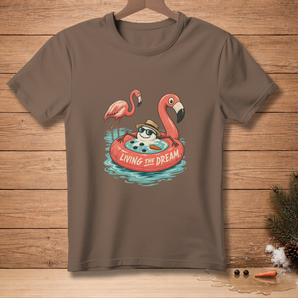 Snowman in flamingo float and flamingo with text "LIVING THE DREAM" on shirt.