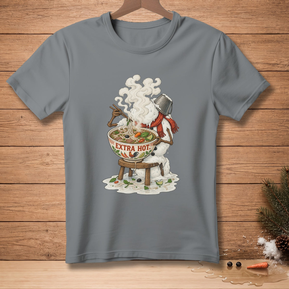 Snowman eating pho with "EXTRA HOT" text on bowl.
