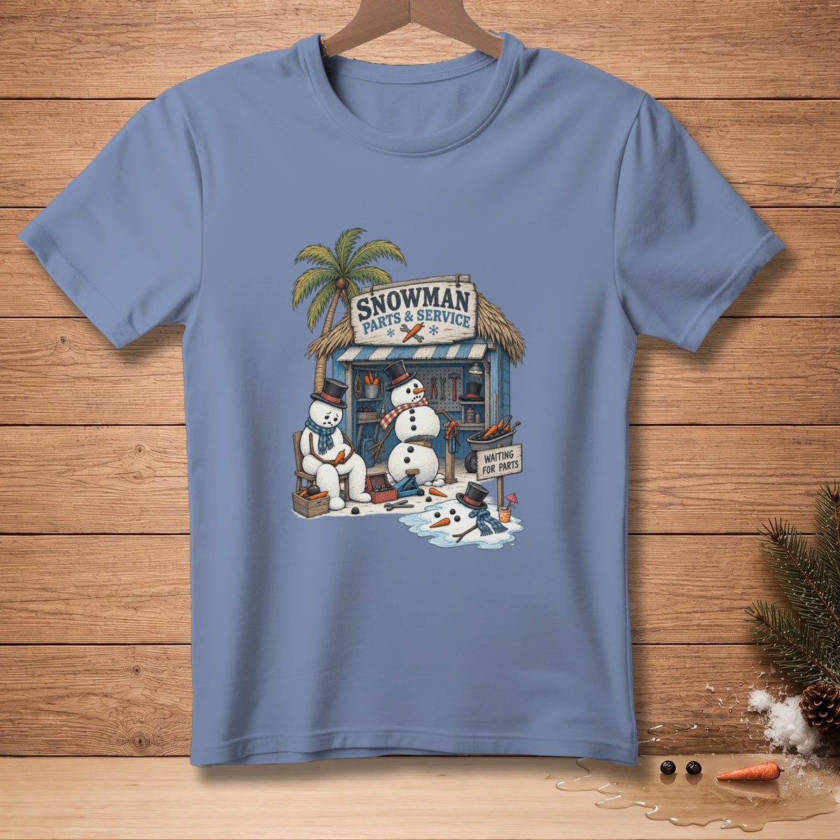 Illustration of snowmen at a "Snowman Parts & Service" stand with a "Waiting for Parts" sign.