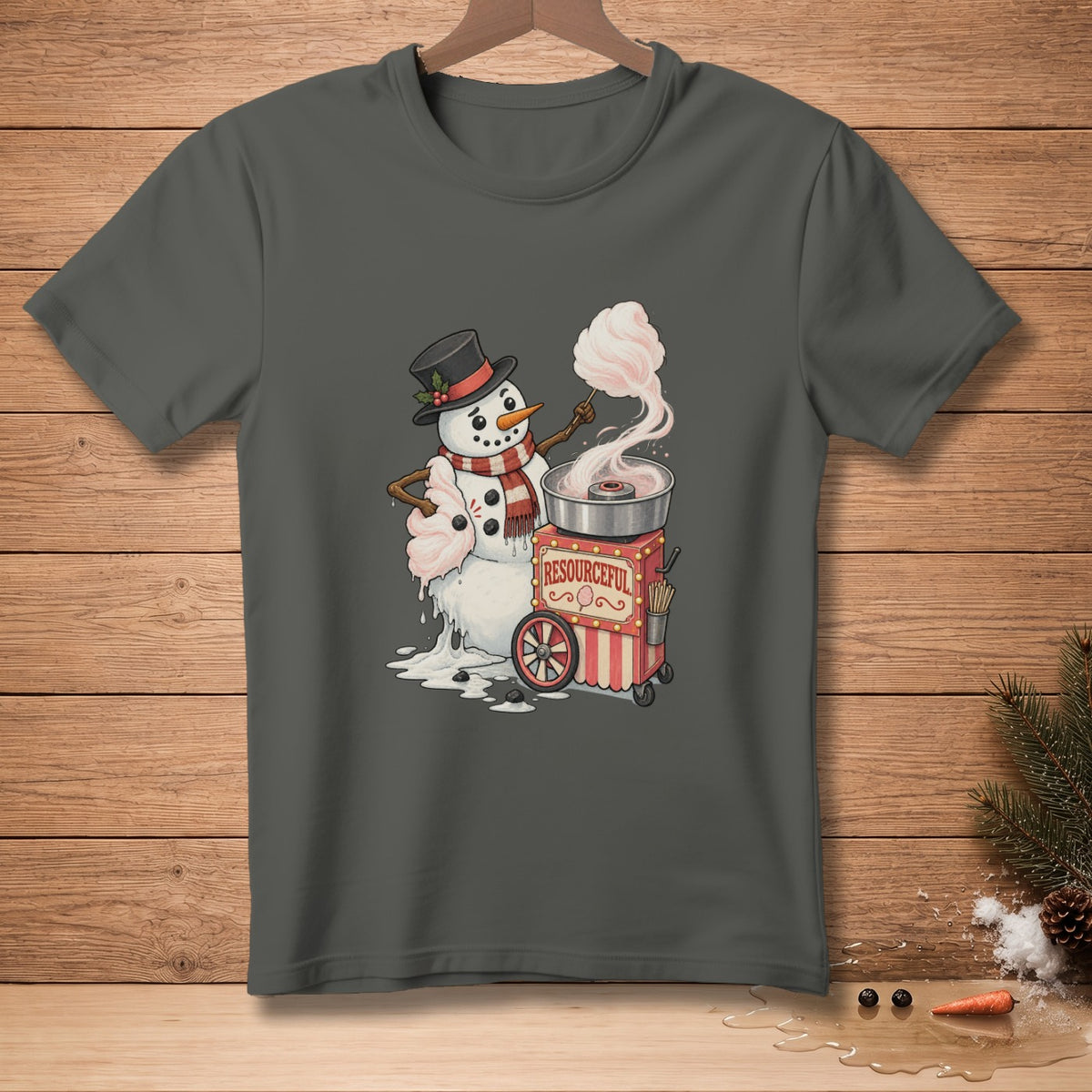 Snowman in a top hat and scarf making cotton candy from a cart.