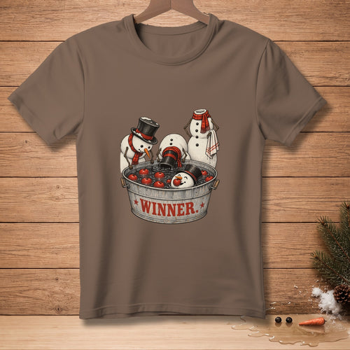 Snowmen bobbing for apples in a tub labeled "WINNER."