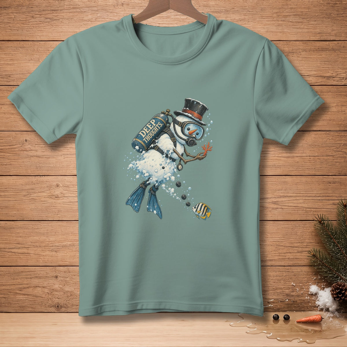 Snowman in scuba gear with "Deep Thoughts" tank, swimming with a fish.