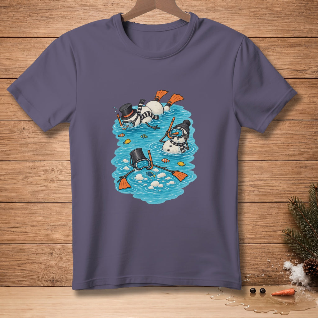 Three snowmen wearing snorkel gear and flippers swim with fish in blue water.