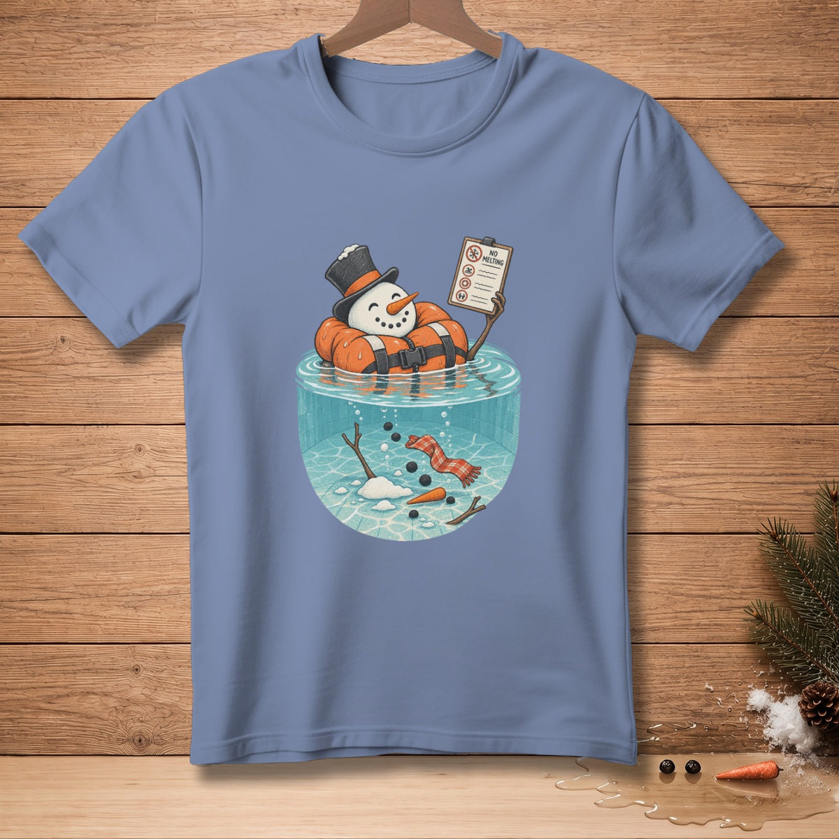 Snowman in life preserver in water holding "no melting" sign.