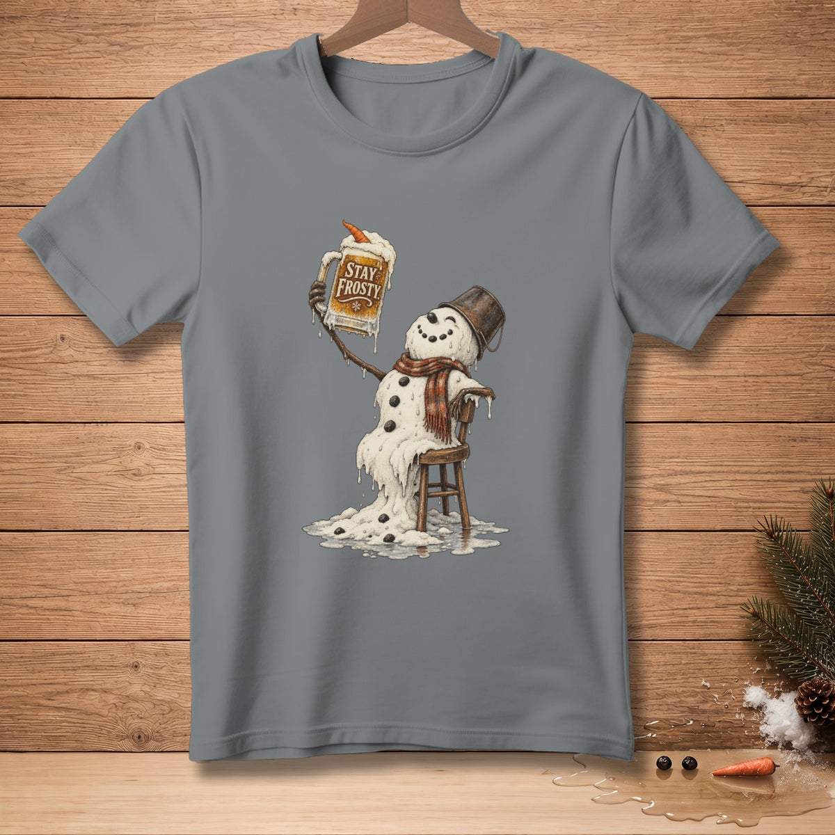 Melting snowman holding a mug with "STAY FROSTY" text.