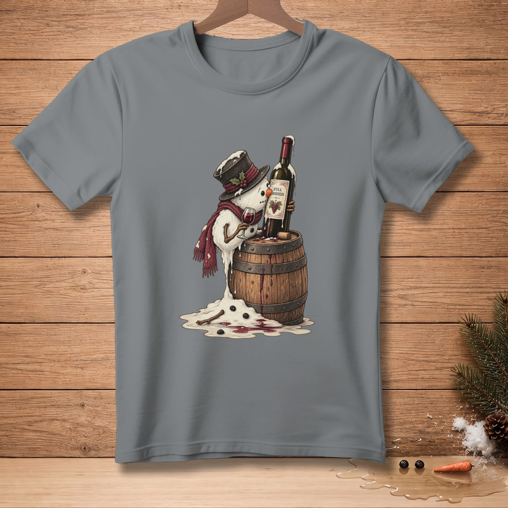 Snowman in top hat and scarf drinking wine from barrel.