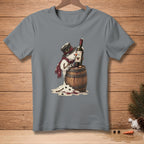 Snowman in top hat and scarf drinking wine from barrel.