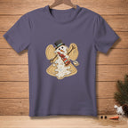 T-shirt featuring a melting snowman angel with a top hat and scarf, saying "Angelic".