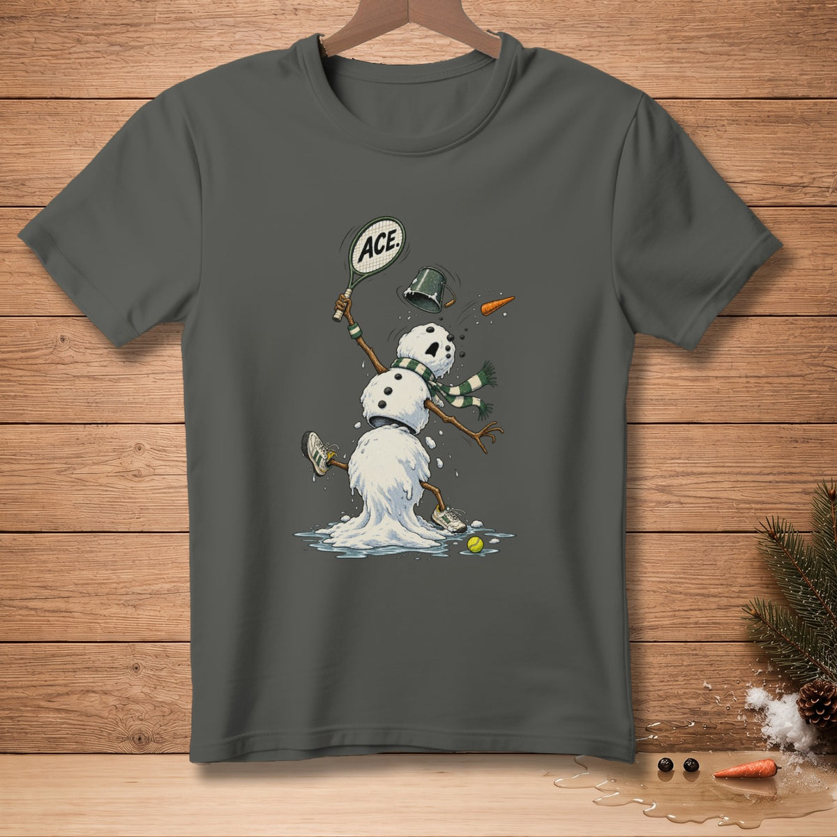 Snowman playing tennis, swinging racquet with "ACE" on it.