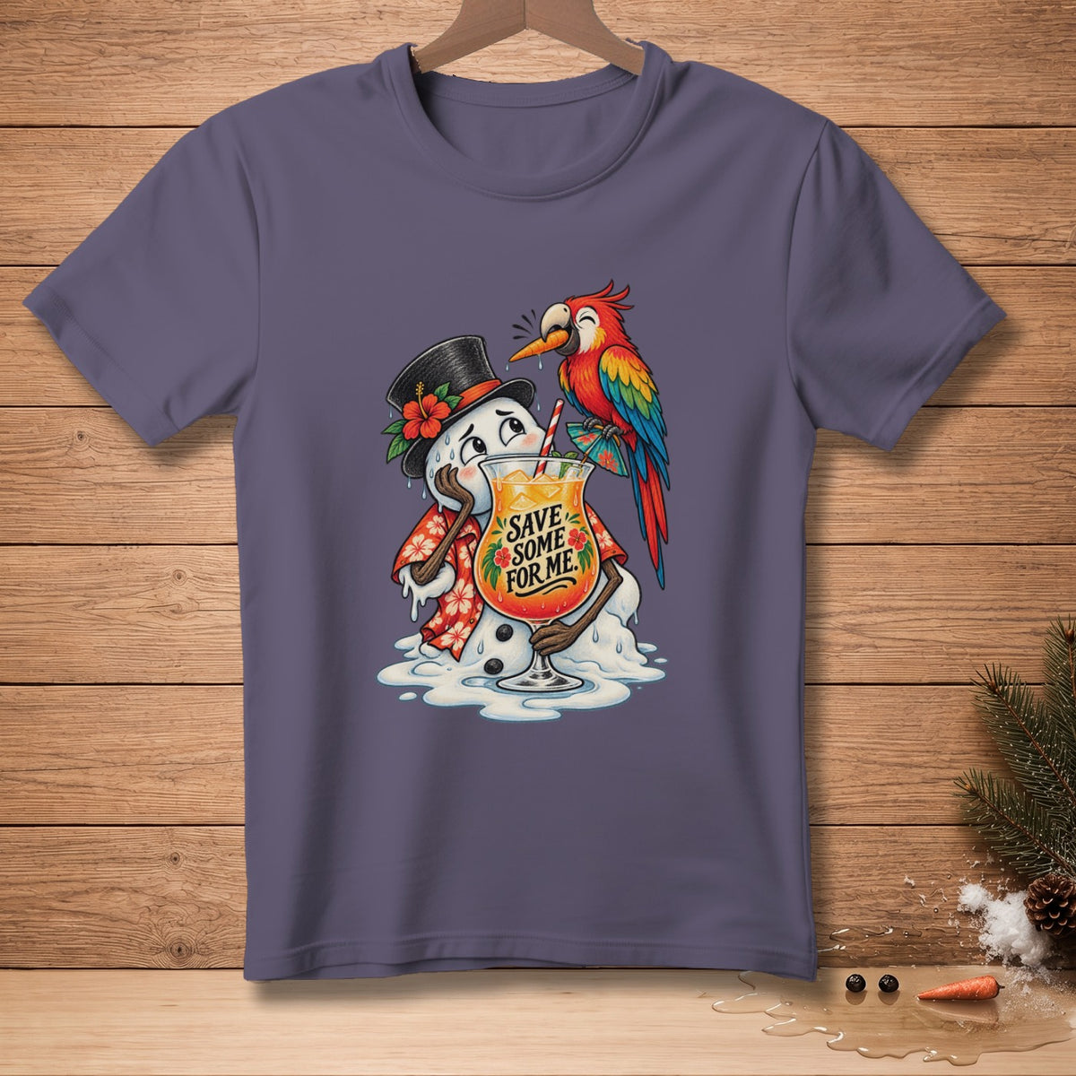 Melting snowman in Hawaiian shirt holding cocktail with parrot and text "Save Some For Me".