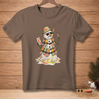 Melting snowman with sunglasses and popsicles holds "PLAN B" sign.