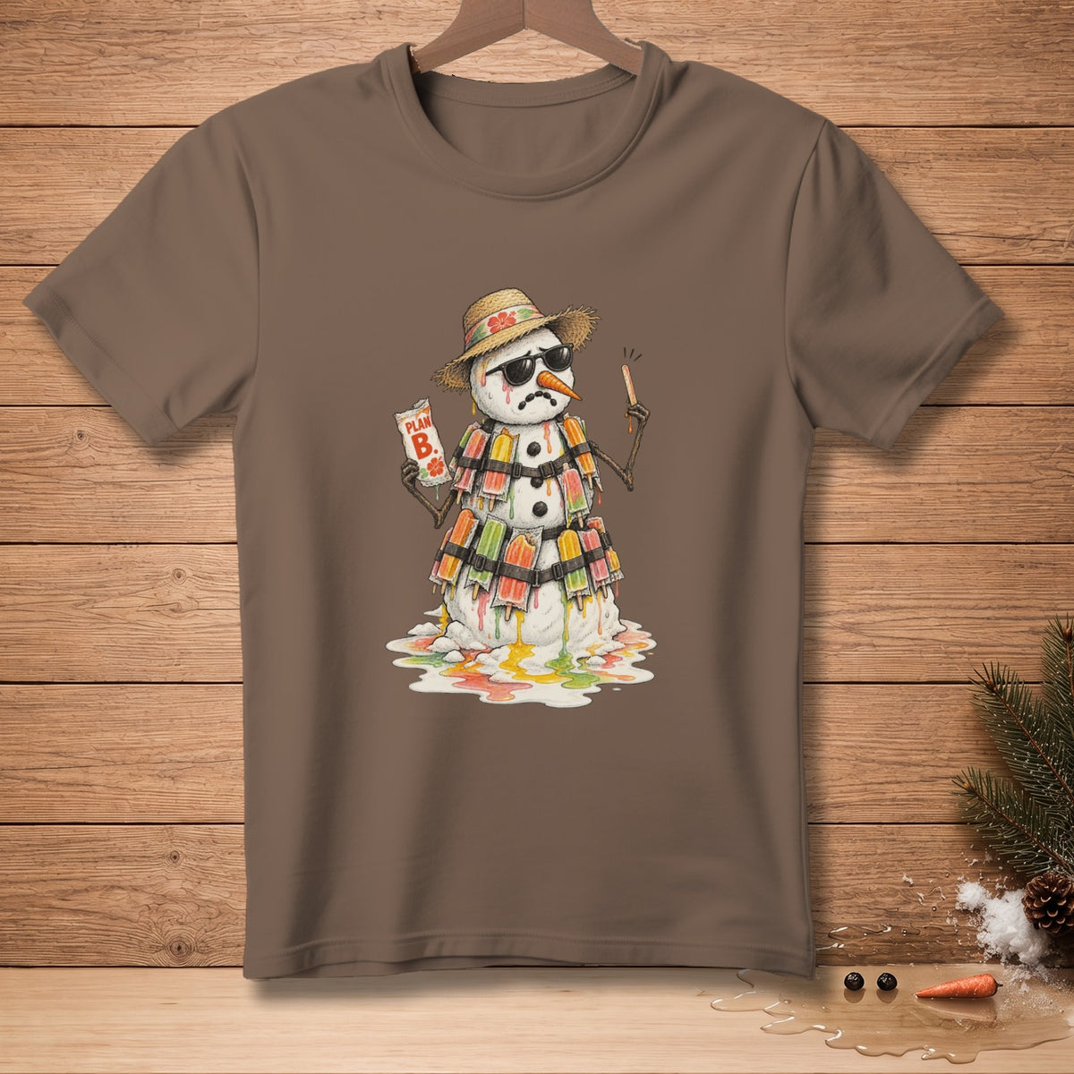 Melting snowman with sunglasses and popsicles holds "PLAN B" sign.