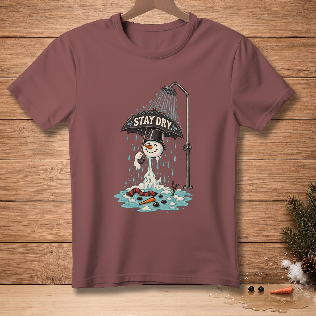 Melting snowman with umbrella under shower, reads "STAY DRY".