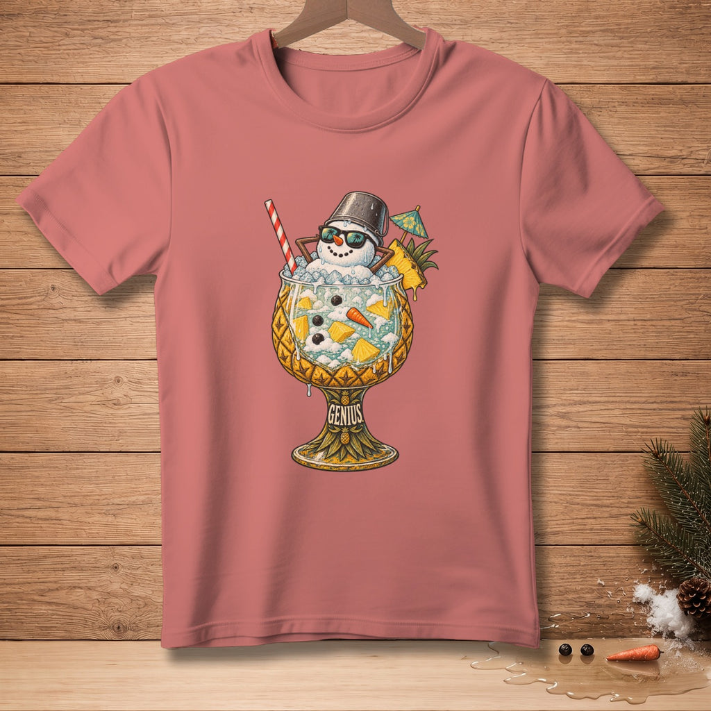 T-shirt with graphic of snowman in a pineapple drink, text "GENIUS".