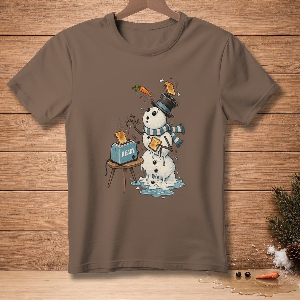 Melting snowman with toast popping from toaster on brown t-shirt.