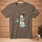 Melting snowman with toast popping from toaster on brown t-shirt.