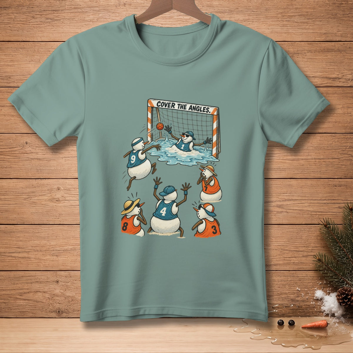 Snowmen playing soccer with a text overlay "COVER THE ANGLES".