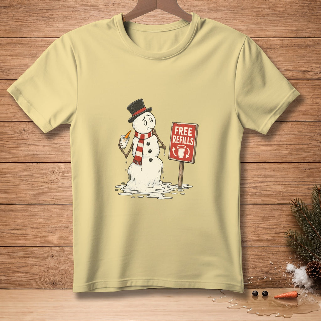 Yellow t-shirt with melting snowman holding carrot stick and free refills sign.