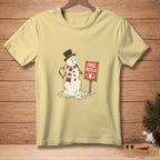 Yellow t-shirt with melting snowman holding carrot stick and free refills sign.