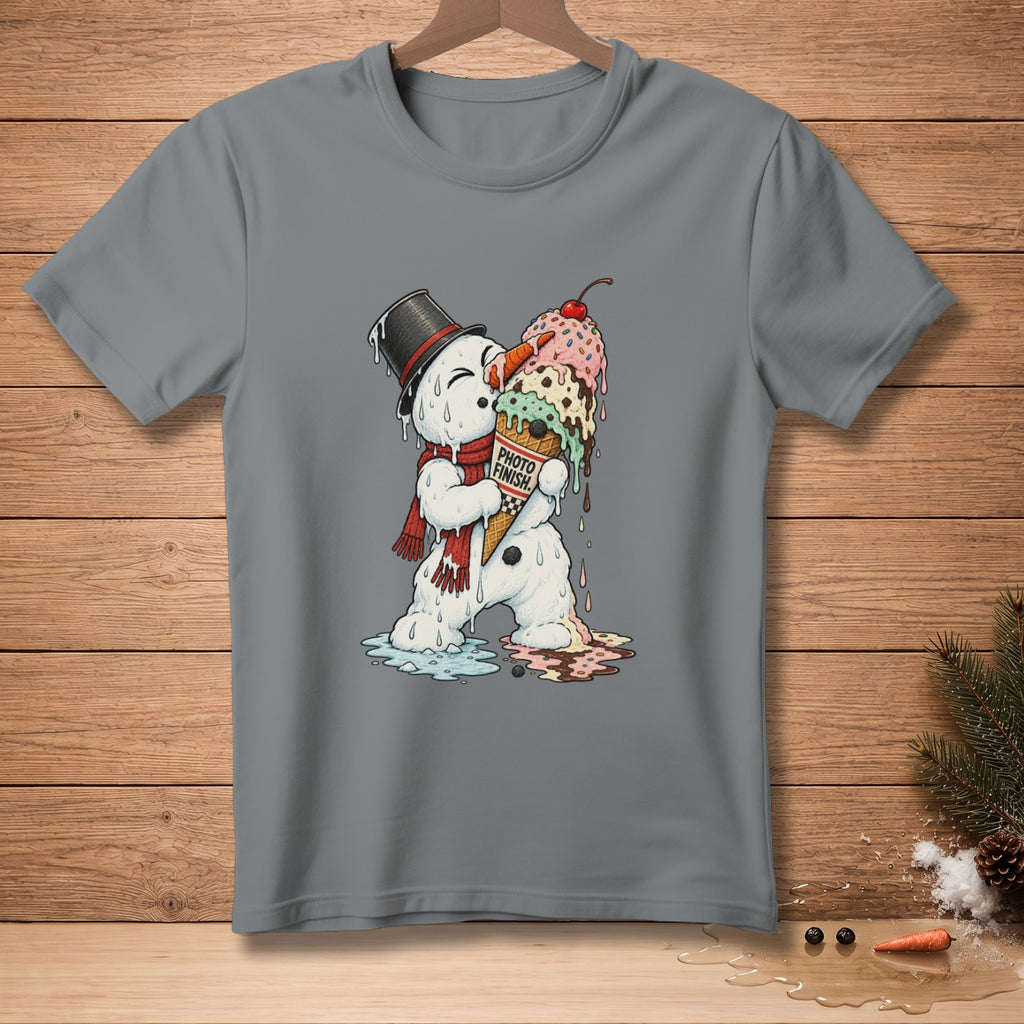 Melting snowman wearing a top hat and scarf, holding dripping ice cream with "PHOTO FINISH" text.