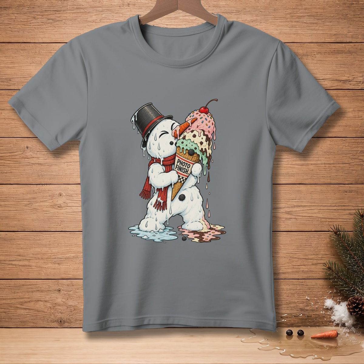 Melting snowman wearing a top hat and scarf, holding dripping ice cream with "PHOTO FINISH" text.