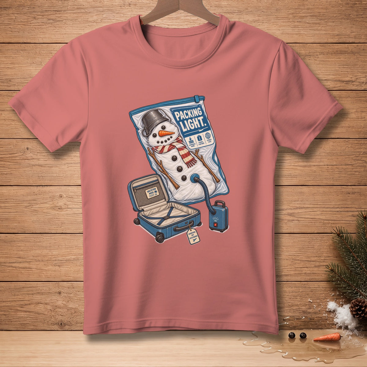 Snowman in a vacuum-sealed bag being packed into a suitcase with a pump.