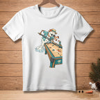 Snowman playing shuffleboard on a billiard table with "Let It Ride" text.