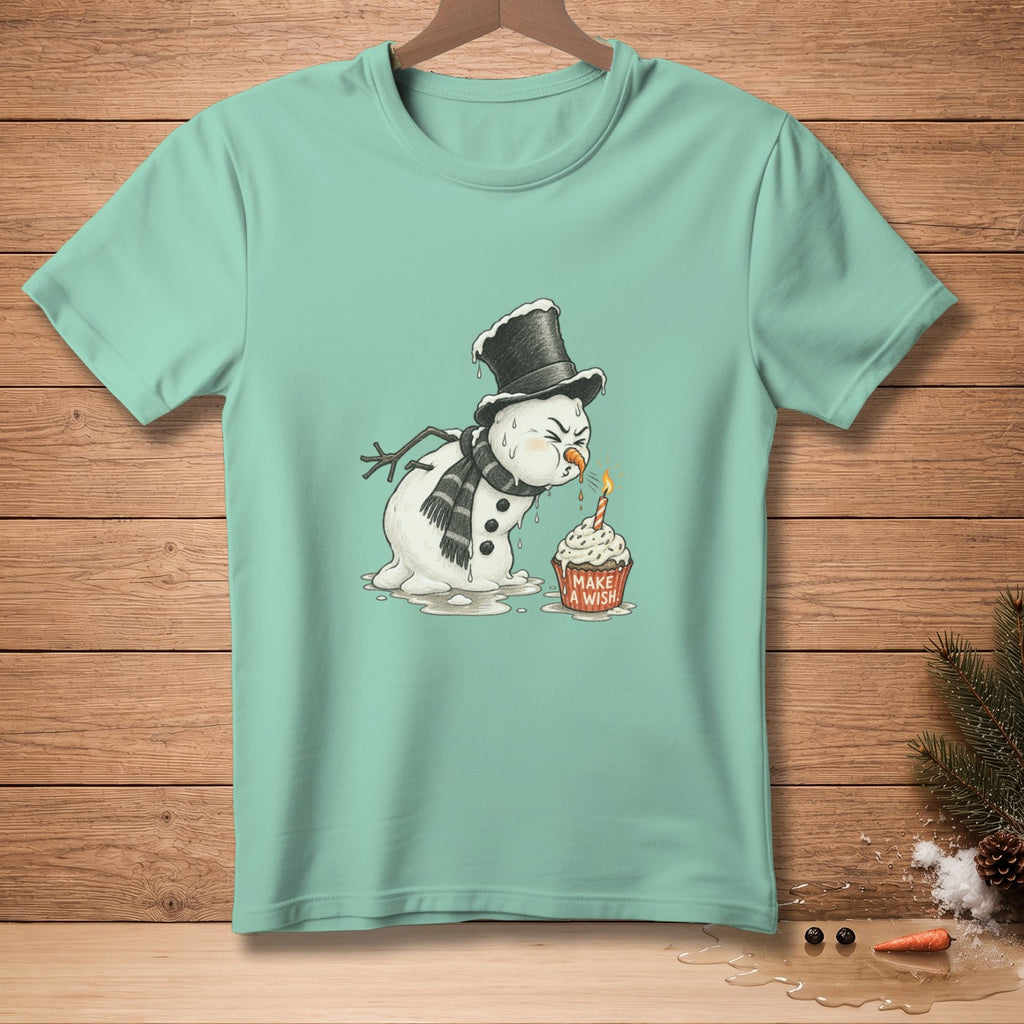 Melting snowman with top hat and scarf, blowing out a cupcake candle.