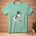 Melting snowman with top hat and scarf, blowing out a cupcake candle.