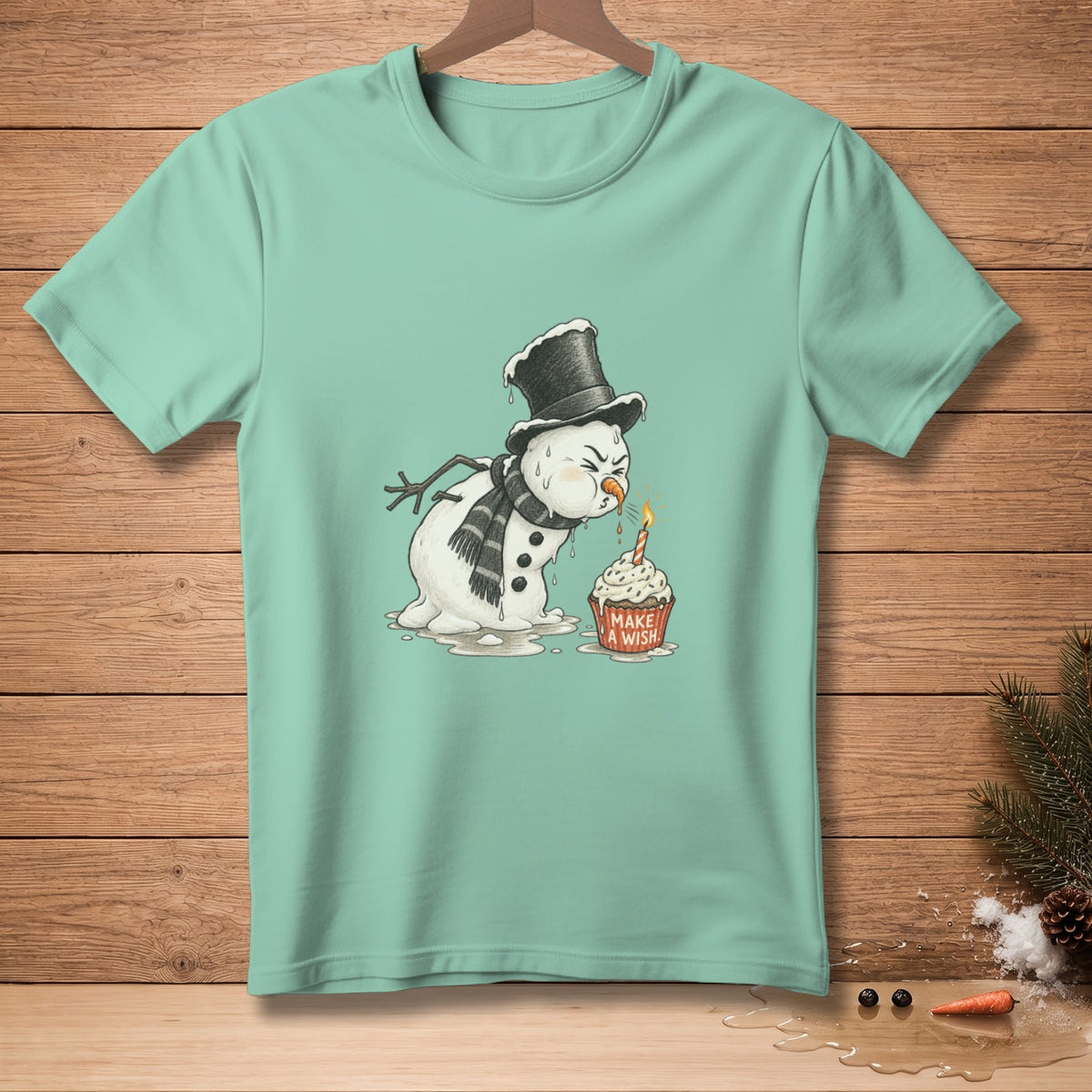 Melting snowman with top hat and scarf, blowing out a cupcake candle.
