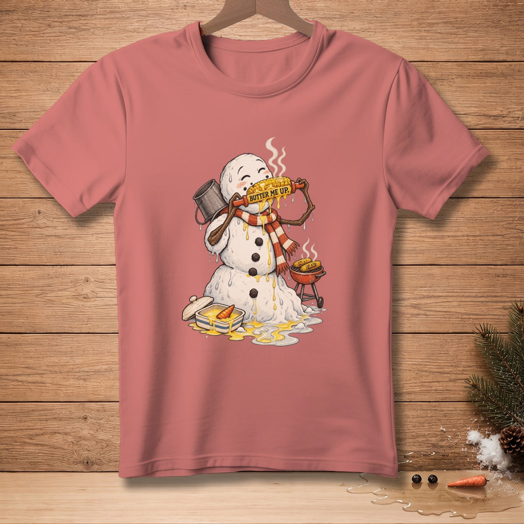 Snowman eating buttered corn on the cob with text "BUTTER ME UP."