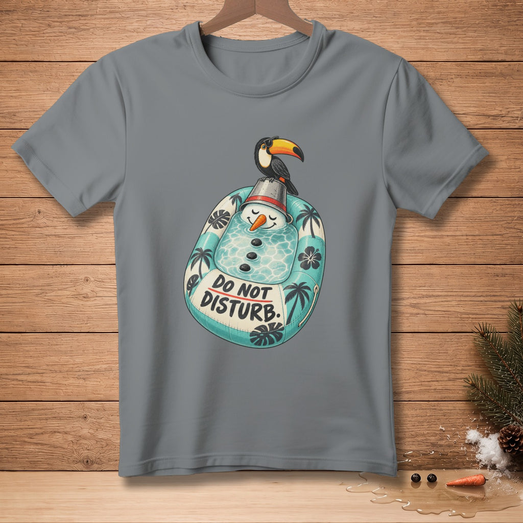Grey t-shirt with a snowman in a pool float wearing a bucket hat and sunglasses.