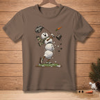 Snowman golfer mid-swing on tee box with "Crushed It." on club.
