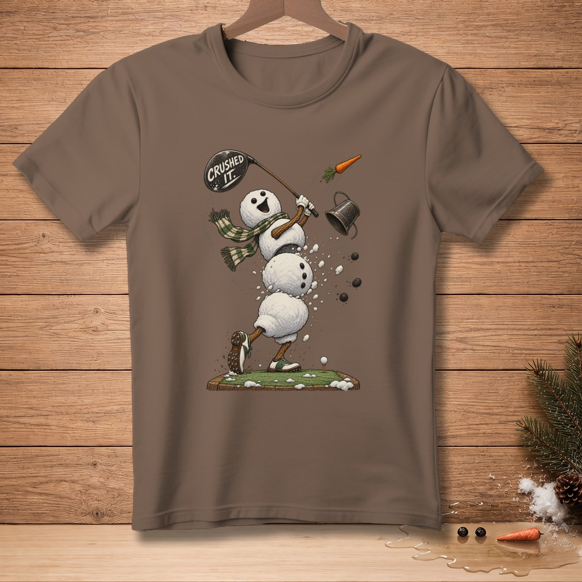 Snowman golfer mid-swing on tee box with "Crushed It." on club.
