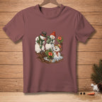 Snowmen with hats and scarves watering tropical plants and gardening.