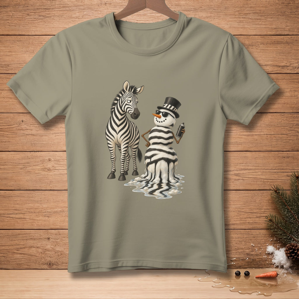 Zebra and melting snowman with black hat and sunglasses holding spray paint can.
