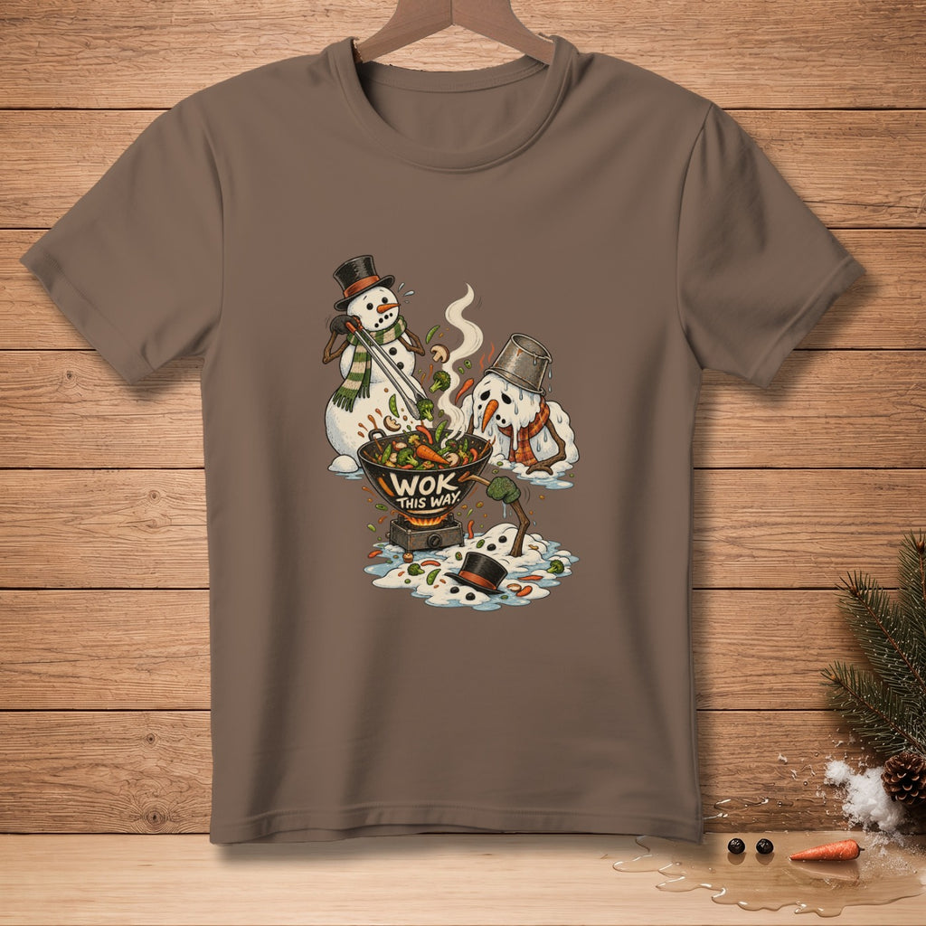 Two snowmen cooking in a wok with text "WOK THIS WAY" on a brown t-shirt.