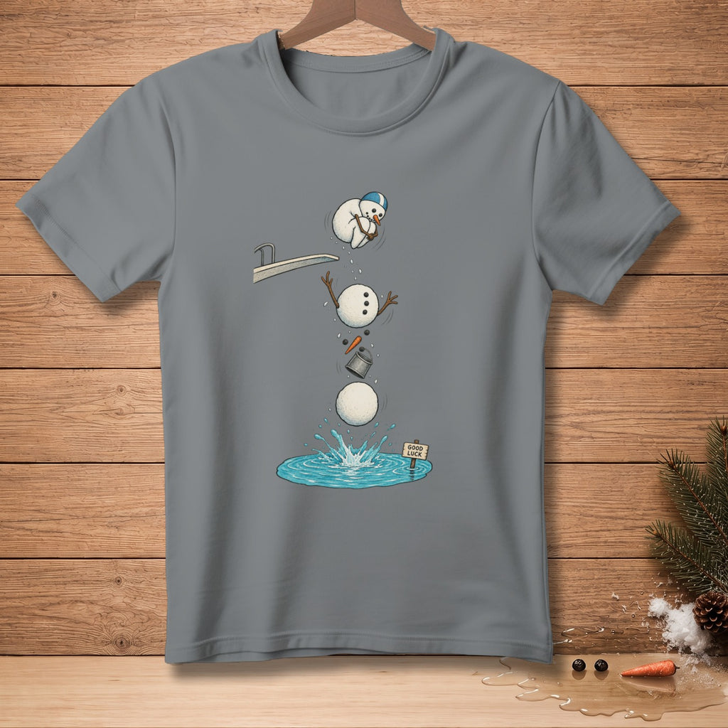 T-shirt with cartoon snowman diving into water from a diving board, reading "Good Luck."