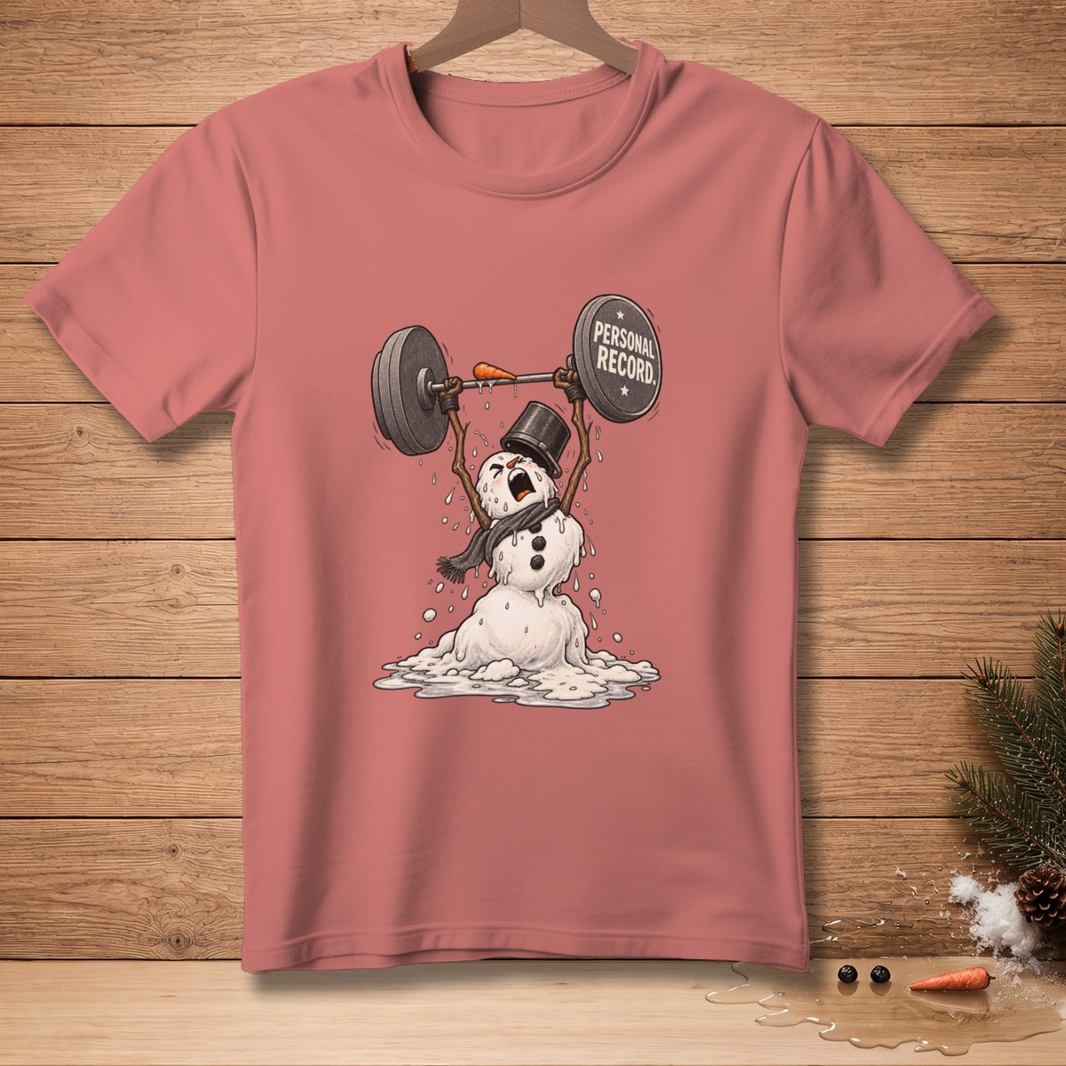 Snowman lifting barbell with "Personal Record" weight plate, melting.