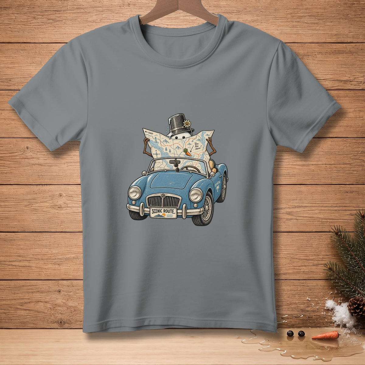 Snowman in a top hat driving a blue convertible, looking at a map.