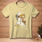 Snowman eating corn on the cob with "Butter Me Up" text.