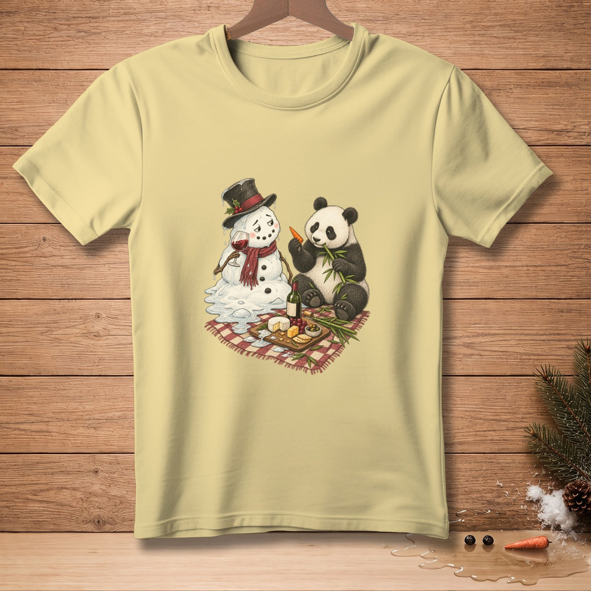 Panda eating bamboo next to melting snowman with wine and cheese picnic.