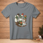 Three snowmen watering tropical plants, one with a shovel, on a gray t-shirt.