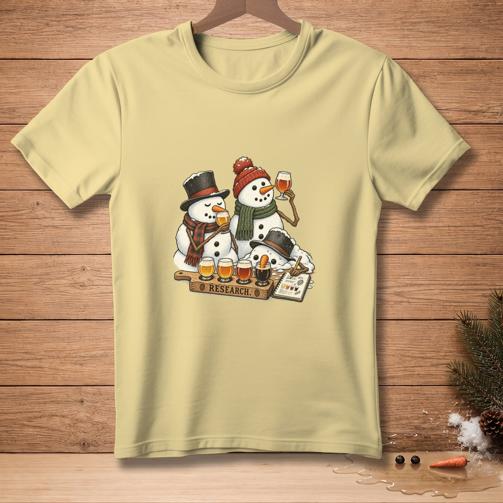 Three snowmen on a wooden board with beer samples and the word "Research."
