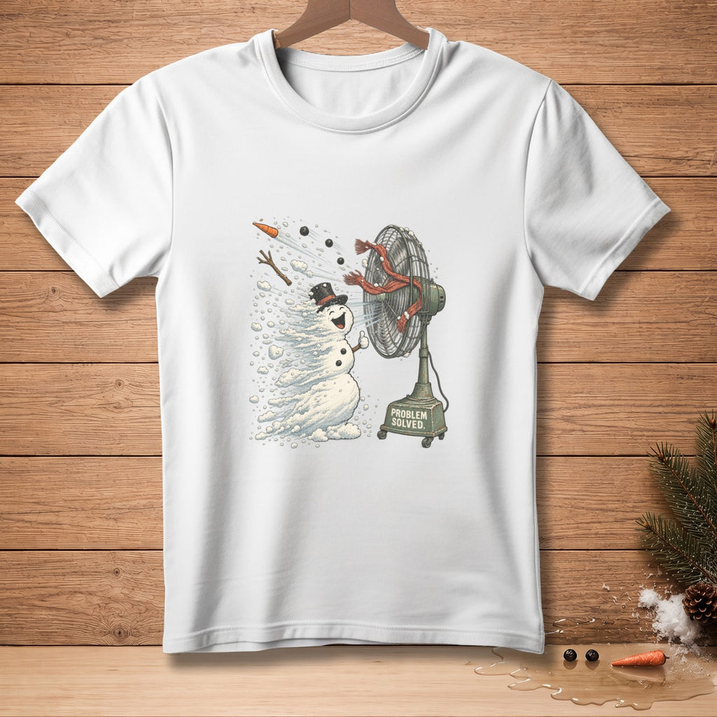 Humorous snowman with fan illustration on white t-shirt, text reads "PROBLEM SOLVED."