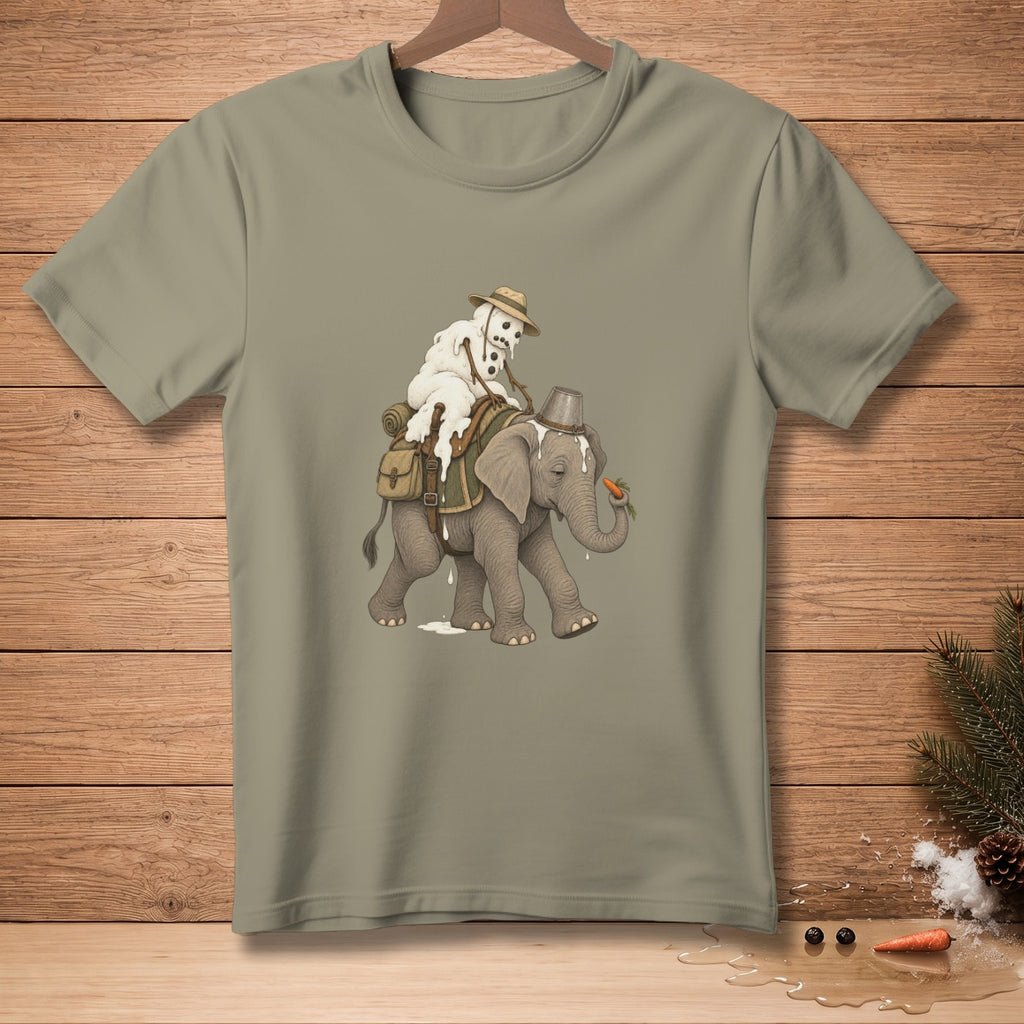 Melting snowman riding an elephant, wearing a hat and holding a carrot.