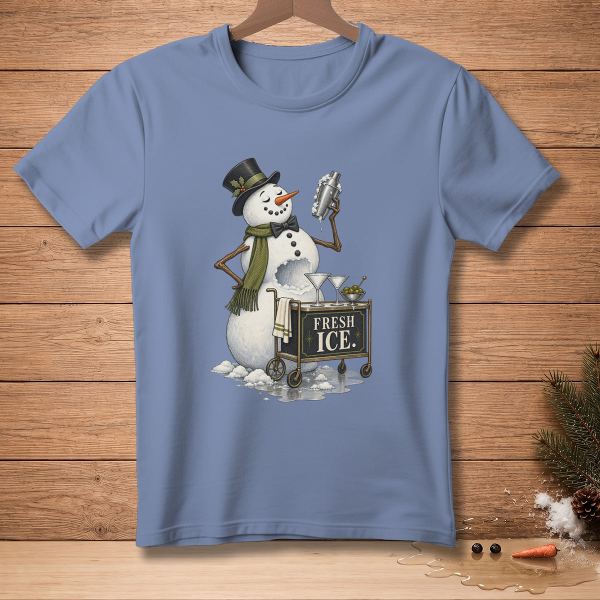 Snowman in top hat making a drink with cart labeled "FRESH ICE".