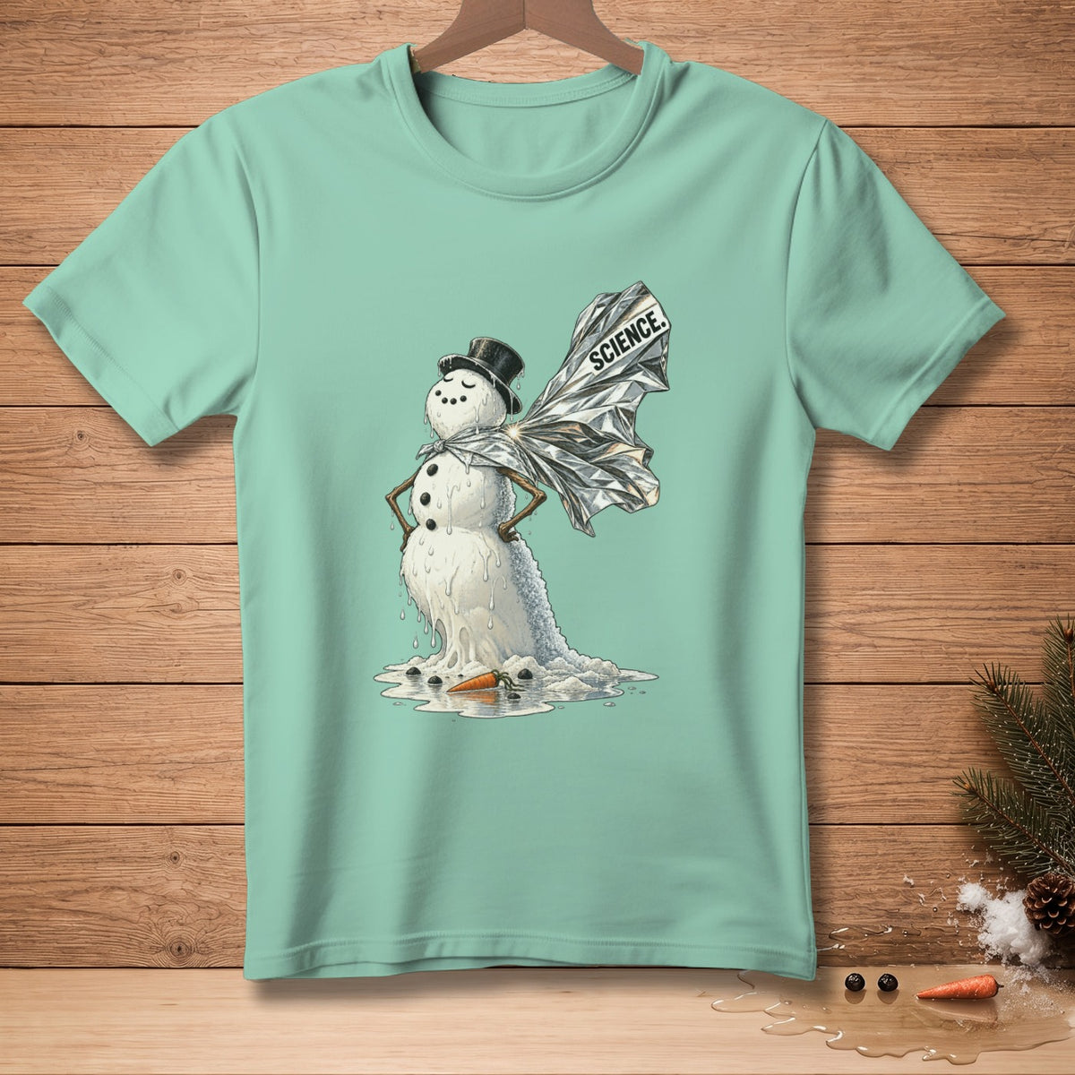 Melting snowman wearing a top hat and cape labeled "SCIENCE".